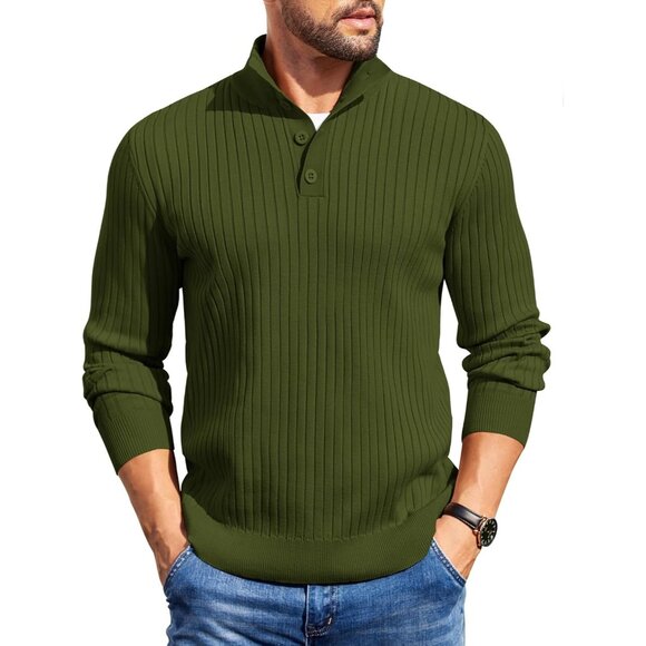Men's Quarter Button Sweater Long Sleeve Stand Collar Sweater Knitted Army Green - Picture 1 of 5